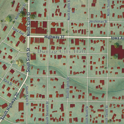 Close-up of the map of Dunlap, Iowa print showing street and building detail