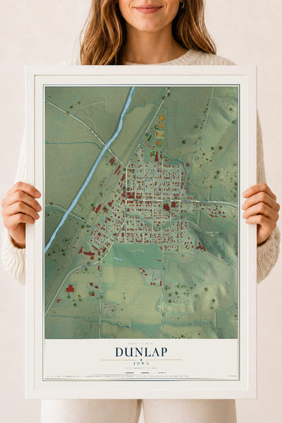 Map of Dunlap, Iowa, 18 x 24 inch print in a white wood frame