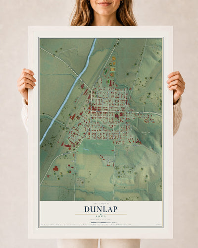 Map of Dunlap, Iowa, 24 x 36 inch print in a white wood frame