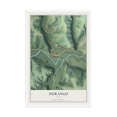 Map of Durango, Iowa, 12 x 18 inch print in a white wood frame