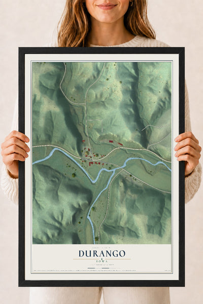 Map of Durango, Iowa, 18 x 24 inch print in a black wood frame