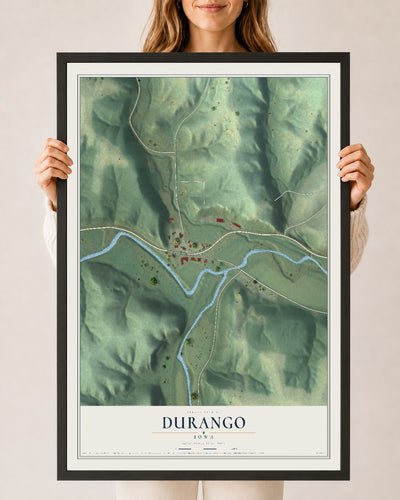 Map of Durango, Iowa, 24 x 36 inch print in a black wood frame