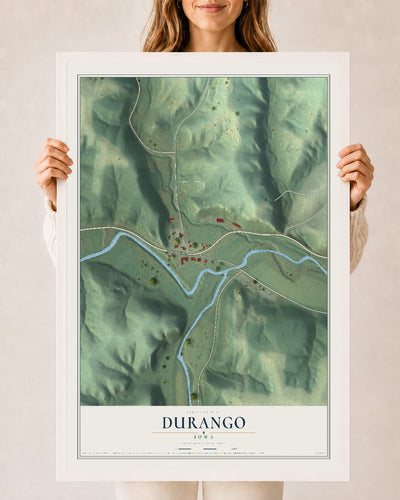 Map of Durango, Iowa, 24 x 36 inch print in a white wood frame