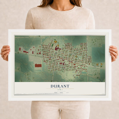 Map of Durant, Iowa, 12 x 18 inch print in a white wood frame