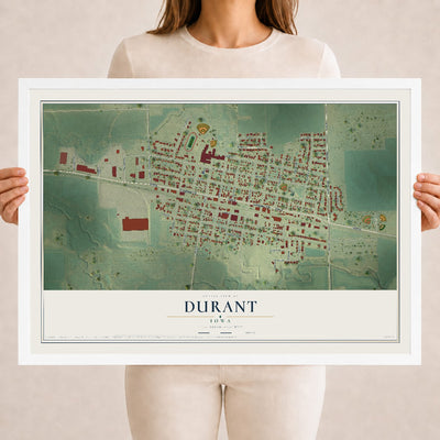 Map of Durant, Iowa, 18 x 24 inch print in a white wood frame