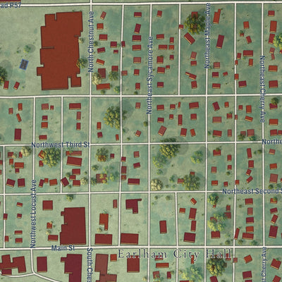 Close-up of the map of Earlham, Iowa print showing street and building detail