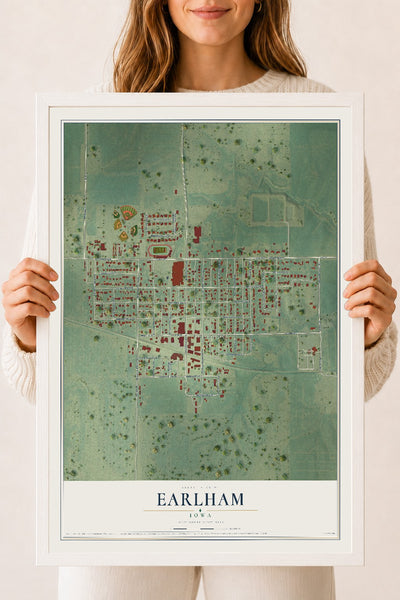 Map of Earlham, Iowa, 18 x 24 inch print in a white wood frame