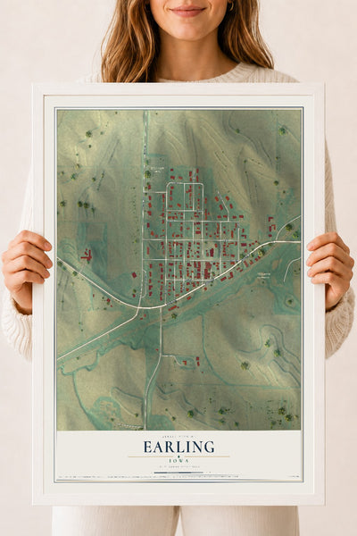 Map of Earling, Iowa, 18 x 24 inch print in a white wood frame