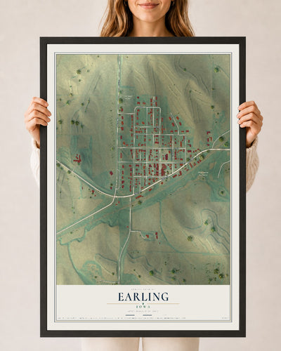 Map of Earling, Iowa, 24 x 36 inch print in a black wood frame
