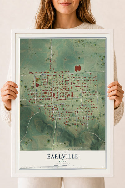 Map of Earlville, Iowa, 18 x 24 inch print in a white wood frame