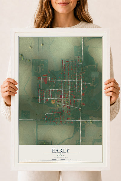 Map of Early, Iowa, 18 x 24 inch print in a white wood frame