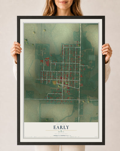 Map of Early, Iowa, 24 x 36 inch print in a black wood frame