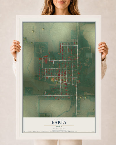 Map of Early, Iowa, 24 x 36 inch print in a white wood frame