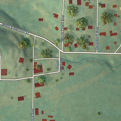 Close-up of the map of East Peru, Iowa print showing street and building detail