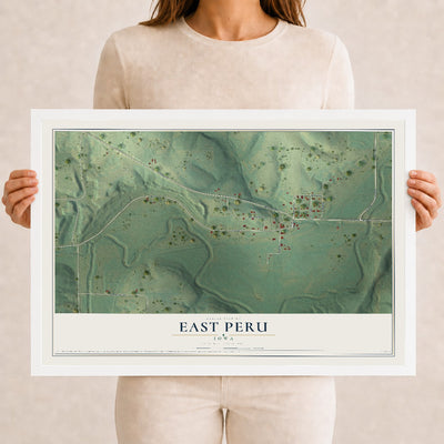 Map of East Peru, Iowa, 12 x 18 inch print in a white wood frame