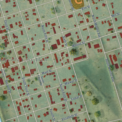 Close-up of the map of Eddyville, Iowa print showing street and building detail