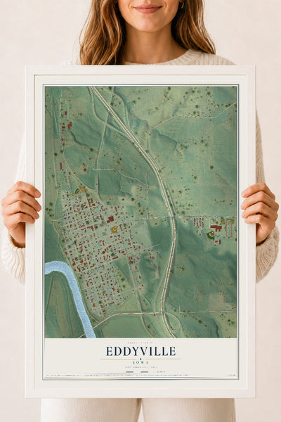 Map of Eddyville, Iowa, 18 x 24 inch print in a white wood frame