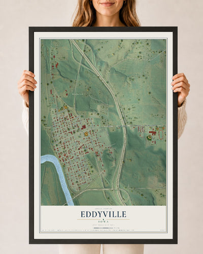 Map of Eddyville, Iowa, 24 x 36 inch print in a black wood frame