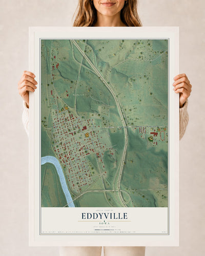 Map of Eddyville, Iowa, 24 x 36 inch print in a white wood frame