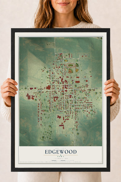 Map of Edgewood, Iowa, 18 x 24 inch print in a black wood frame
