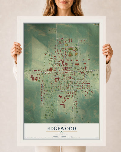 Map of Edgewood, Iowa, 24 x 36 inch print in a white wood frame