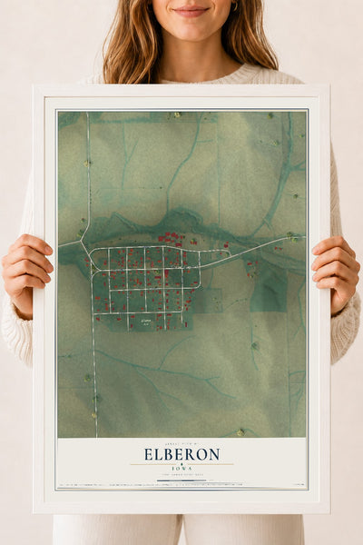 Map of Elberon, Iowa, 18 x 24 inch print in a white wood frame