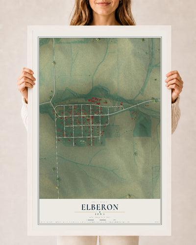 Map of Elberon, Iowa, 24 x 36 inch print in a white wood frame