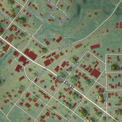 Close-up of the map of Eldon, Iowa print showing street and building detail