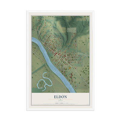 Map of Eldon, Iowa, 12 x 18 inch print in a white wood frame