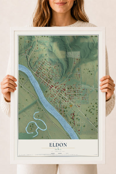 Map of Eldon, Iowa, 18 x 24 inch print in a white wood frame