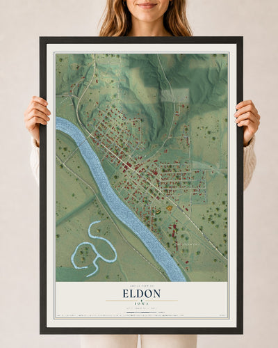 Map of Eldon, Iowa, 24 x 36 inch print in a black wood frame