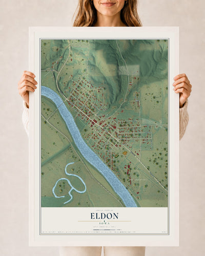 Map of Eldon, Iowa, 24 x 36 inch print in a white wood frame