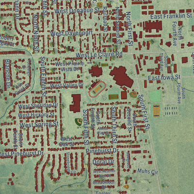Close-up of the map of Eldridge, Iowa print showing street and building detail