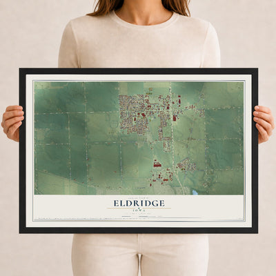 Map of Eldridge, Iowa, 12 x 18 inch print in a black wood frame