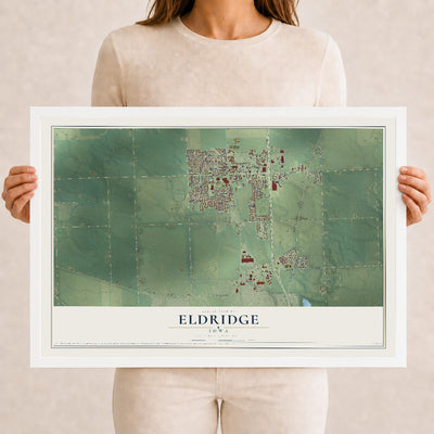 Map of Eldridge, Iowa, 12 x 18 inch print in a white wood frame
