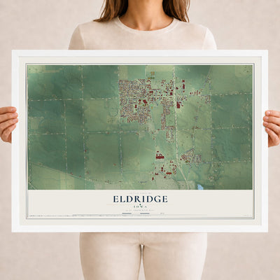 Map of Eldridge, Iowa, 18 x 24 inch print in a white wood frame
