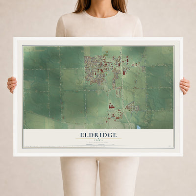 Map of Eldridge, Iowa, 24 x 36 inch print in a white wood frame