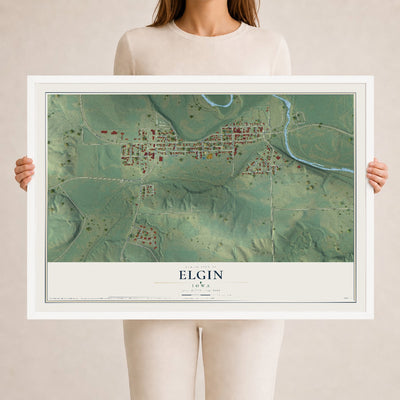 Map of Elgin, Iowa, 24 x 36 inch print in a white wood frame