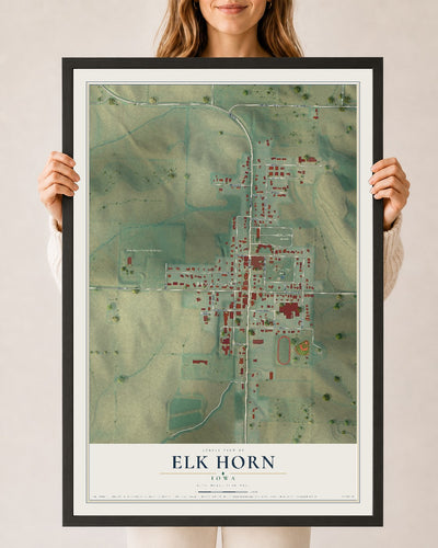 Map of Elk Horn, Iowa, 24 x 36 inch print in a black wood frame