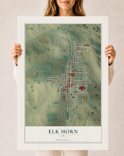 Map of Elk Horn, Iowa, 24 x 36 inch print in a white wood frame