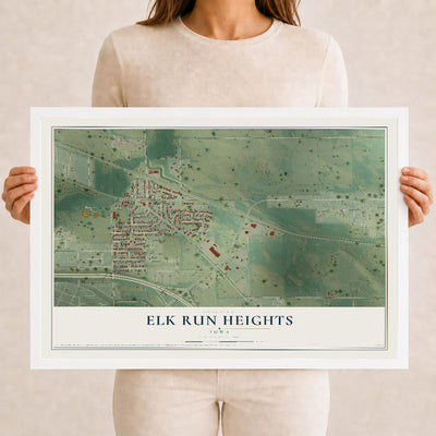 Map of Elk Run Heights, Iowa, 12 x 18 inch print in a white wood frame