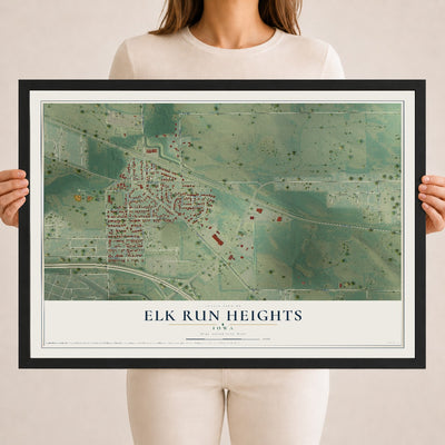 Map of Elk Run Heights, Iowa, 18 x 24 inch print in a black wood frame