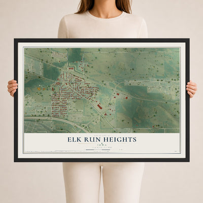 Map of Elk Run Heights, Iowa, 24 x 36 inch print in a black wood frame