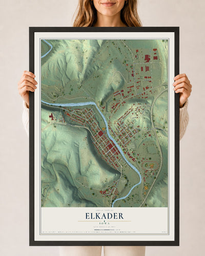 Map of Elkader, Iowa, 24 x 36 inch print in a black wood frame