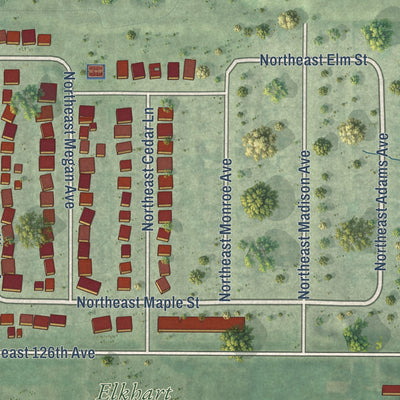 Second close-up of the map of Elkhart, Iowa print showing more streets and buildings