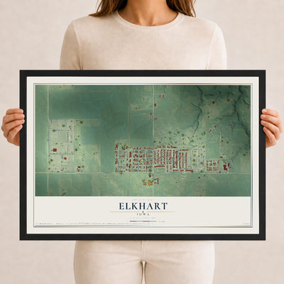Map of Elkhart, Iowa, 12 x 18 inch print in a black wood frame