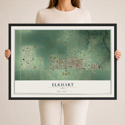 Map of Elkhart, Iowa, 24 x 36 inch print in a black wood frame