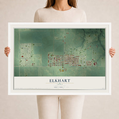 Map of Elkhart, Iowa, 24 x 36 inch print in a white wood frame