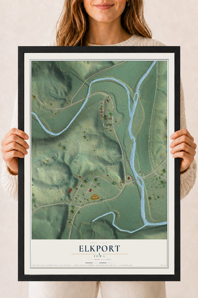 Map of Elkport, Iowa, 18 x 24 inch print in a black wood frame