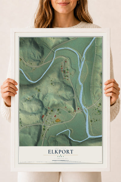 Map of Elkport, Iowa, 18 x 24 inch print in a white wood frame